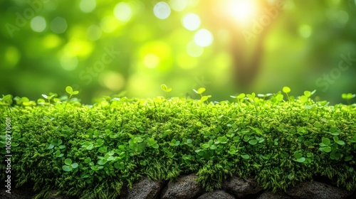 Lush Green Moss and New Growth with Sunlit Blurred Background