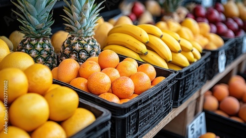 Fresh Fruit Displayed in Black Plastic Crates on Wooden Shelves