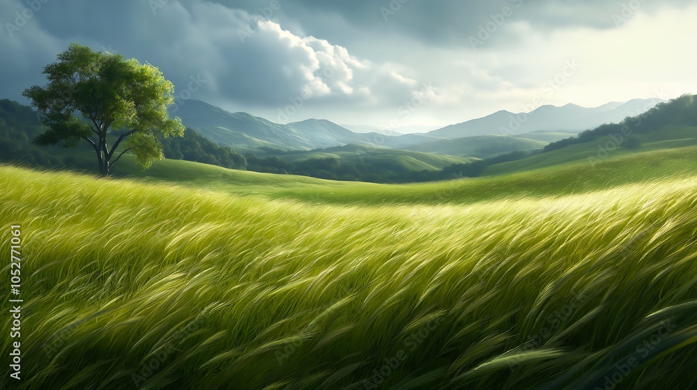 grassy field lone tree distance mountains background harmony swirly clouds inspiring green hill trees wind blowing long grass captured grassy field lone tree distance mountains background harmony swirly clouds inspiring green hill trees wind blowing long grass captured