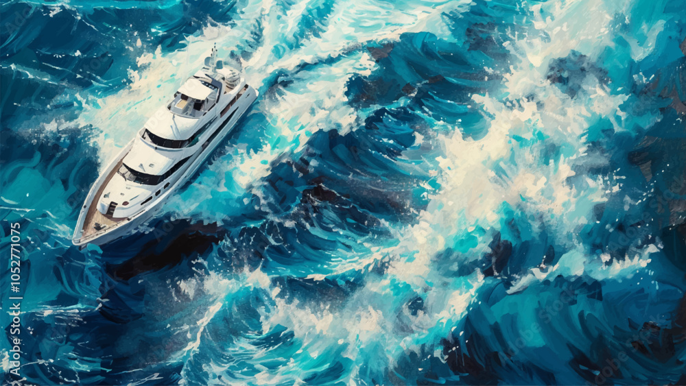 Snow-White Yacht Dissects Turquoise Blue Waves with White Foam Scenery Illustration Elegant Yacht Ocean Waves Seascape Turquoise Blue Foam Scenic View Nautical Vessel Sailing Snow-White Yacht Dissects Turquoise Blue Waves with White Foam Scenery Illustration Elegant Yacht Ocean Waves Seascape Turquoise Blue Foam Scenic View Nautical Vessel Sailing