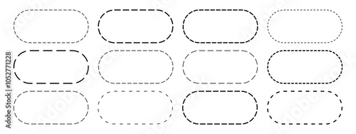 Set of oval shapes with dashed lines. Dotted geometric figures isolated on white background. Cut here pictograms for sale coupons or price tags. Vector outline illustration.