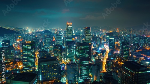 Wallpaper Mural The vibrant cityscape of Seoul at night, with illuminated skyscrapers and bustling streets Torontodigital.ca