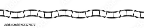 Wavy horizontal film strip template. Curved movie camera tape isolated on white background. Storyboard layout. Vintage frame for creating photographies collage. Vector graphic illustration.