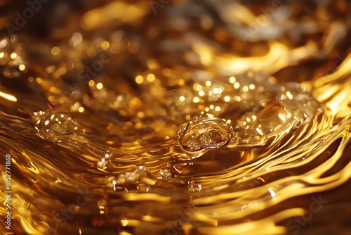 Texture liquide dorée avec ondulations et bulles
