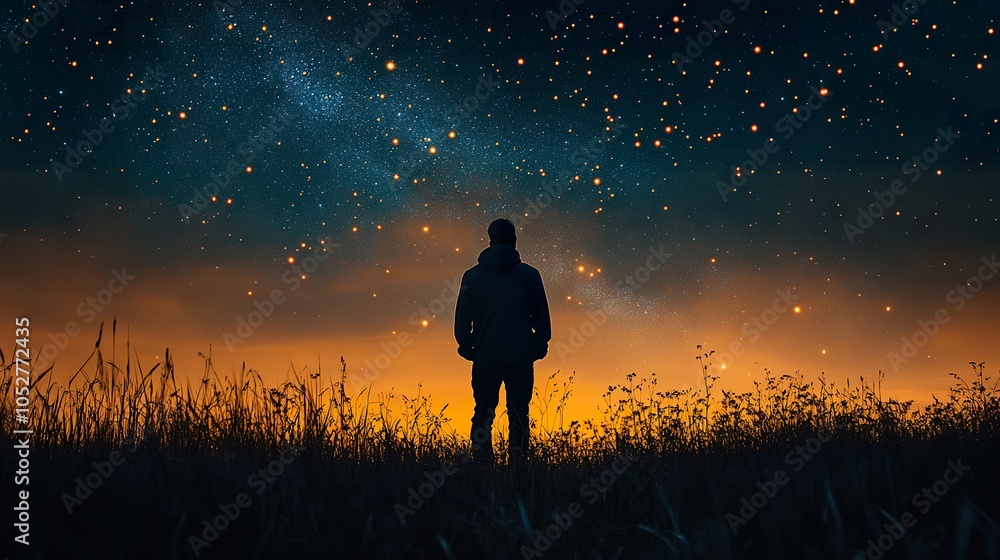 Night sky, stars, clouds, orange sunset, girl silhouette, grass. Night sky, stars, clouds, orange sunset, girl silhouette, grass.