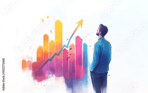 Creative rendering of a businessman observing an ascending arrow on a financial chart, illustrating themes of growth, success, and strategic planning in business