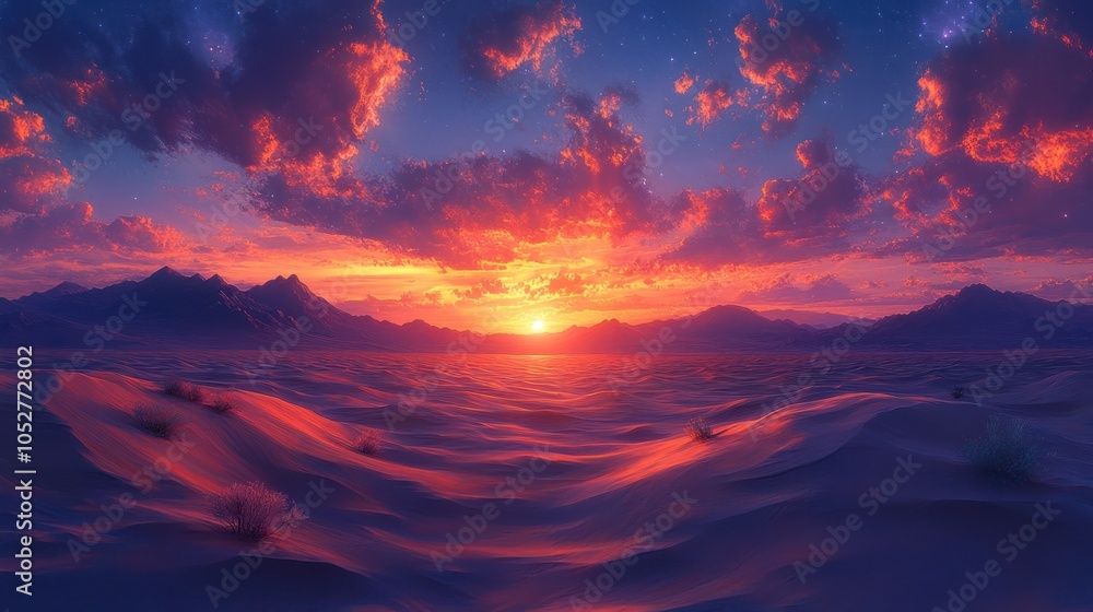 A desert with intricate wind-swept dunes under a vibrant sunset, with the sky painted in deep purples and reds. A desert with intricate wind-swept dunes under a vibrant sunset, with the sky painted in deep purples and reds.