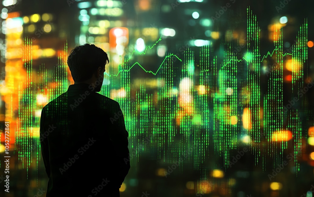 Dynamic composition of a man evaluating a financial graph with ascending green bars and an arrow, symbolizing ambition and future success against a softfocus backdrop