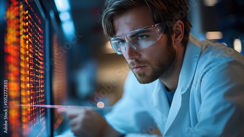 Scientist analyzing data on a screen in a laboratory setting.