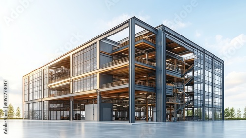 Modern industrial building with glass and steel structure.