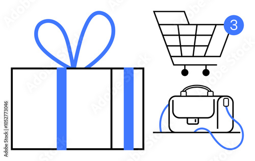 Gift box with ribbon, shopping cart with notification bubble, and briefcase. Ideal for online shopping, gift-giving, retail, business, e-commerce, holiday promotions, and marketing. Line metaphor
