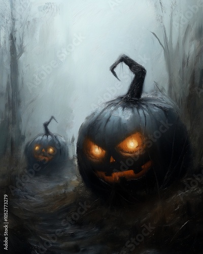 two pumpkins faces woods gloomy mood digital leering fear anger eyes holding lantern scary cartoons necrosis jackstraws photo