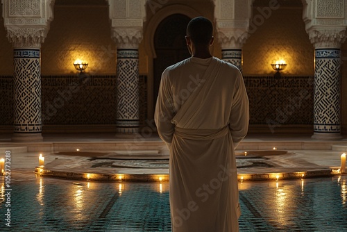 Man in White Robe Facing Pool in Moroccan Hammam with Candlelight
