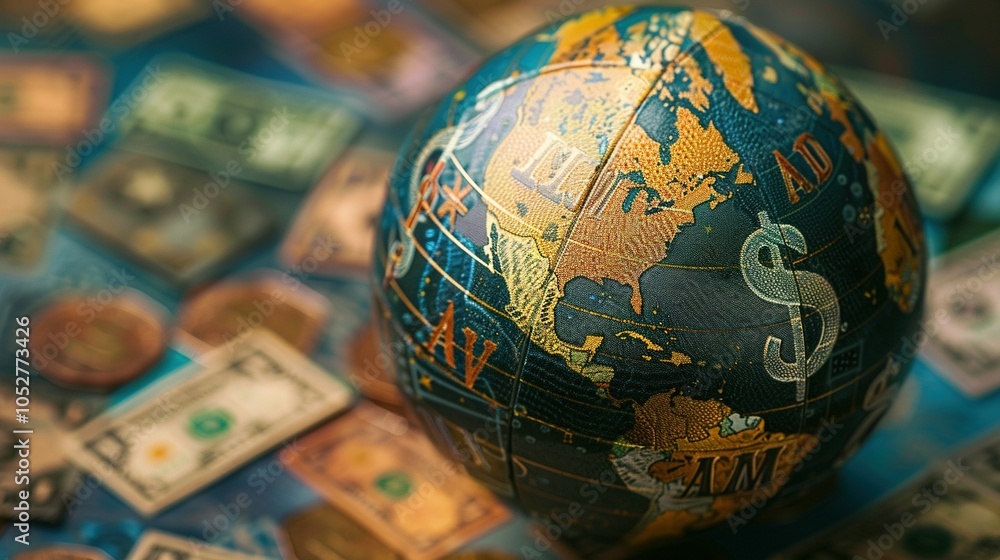 A Miniature Globe Resting on Scattered Dollar Bills and Coins A Miniature Globe Resting on Scattered Dollar Bills and Coins