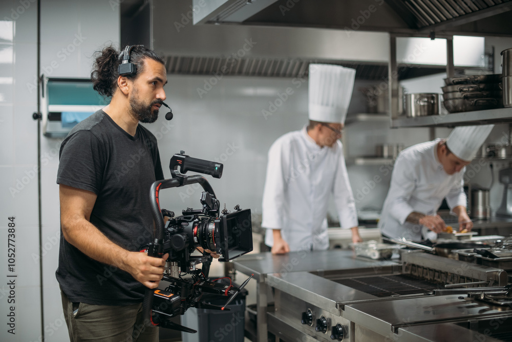 Director of photography with a camera in his hands on the set. Professional videographer at work on filming a movie, commercial or TV series. Filming process indoors, studio Director of photography with a camera in his hands on the set. Professional videographer at work on filming a movie, commercial or TV series. Filming process indoors, studio
