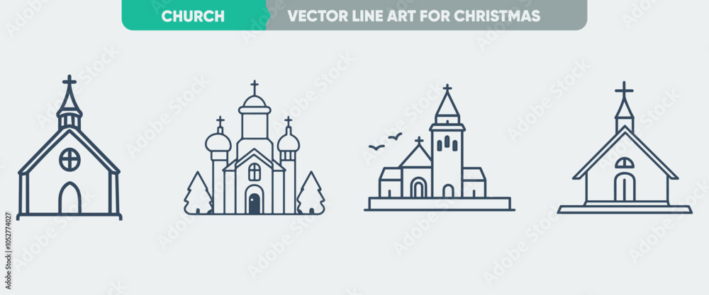 Fototapeta premium Outline Icon Set: Minimal Thin Line Church Web Icons, Simple Vector for Christmas and New Year 