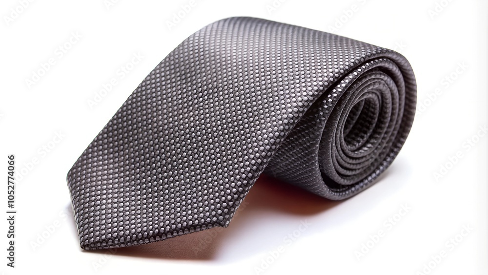 Rolled up gray tie with pattern on white background
Rolled up gray tie with pattern on white background