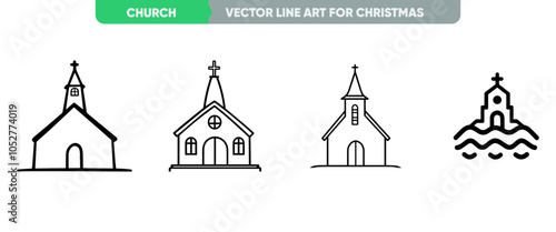 Simple Vector Illustration: Church Icon Set, Minimal Thin Line Web Outline Icons for Christmas and New Year

