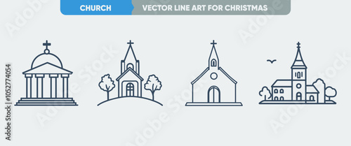 Church Icon Set: Minimal Thin Line Web Icons, Outline Icon, Simple Vector for Christmas and New Year
