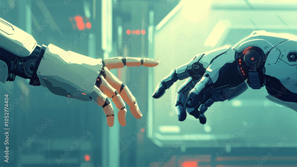 Foto Two Robot Arms Reaching Out Futuristic Technology Interaction Robotics Cartoon I