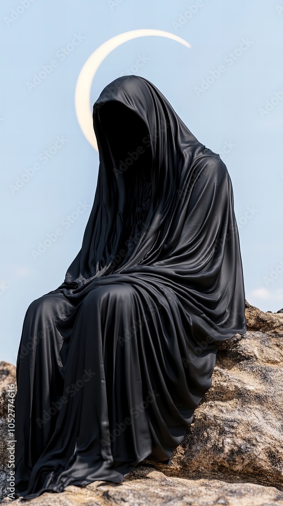 A shadowy figure draped in black fabric sits on a rock, with a crescent moon in the sky behind them. A shadowy figure draped in black fabric sits on a rock, with a crescent moon in the sky behind them.
