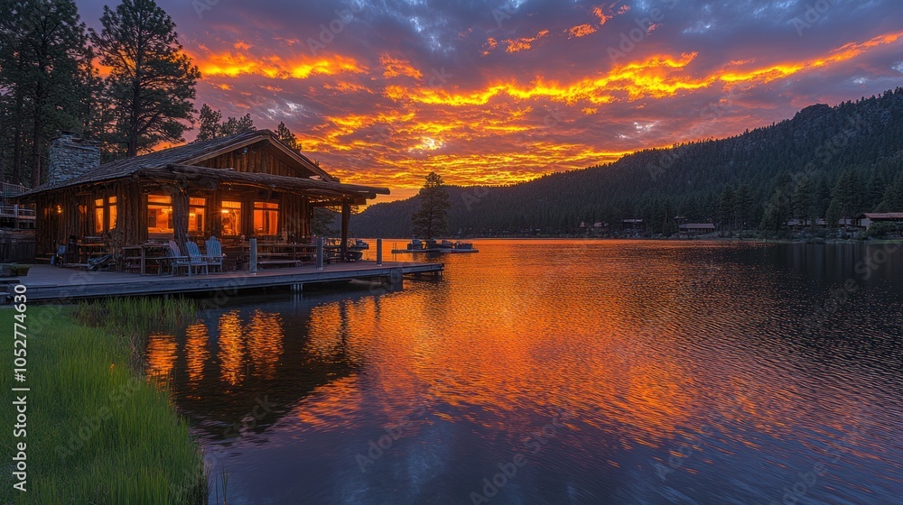 Fototapeta premium Lakeside Cabin with Stunning Fiery Sunset Sky and Water Reflection