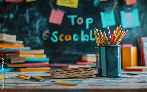 Artistic depiction of vibrant Back to School lettering on a chalkboard, complemented by stacked books and scattered pencils on a classroom desk, evoking a learning environment photo