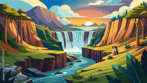 Breathtaking waterfall cascading through a verdant canyon under a vibrant sunset sky