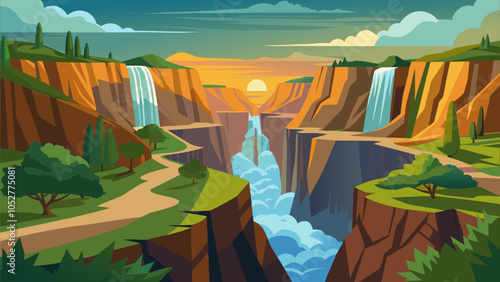 A serene sunset view over a canyon with waterfalls cascading into a river surrounded by lush greenery