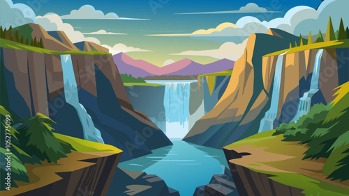 A stunning waterfall cascading down rocky cliffs in a serene mountain landscape at sunset, surrounded by lush greenery