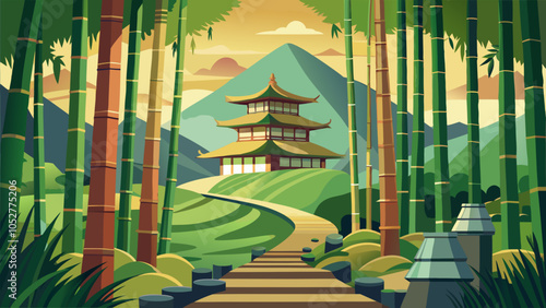 A tranquil path leads through bamboo to a serene temple nestled in green hills under a warm sunset sky in a picturesque landscape