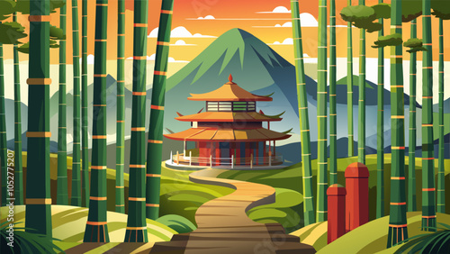 A serene bamboo forest pathway leading to a traditional pagoda during a vibrant sunset in a mountainous landscape