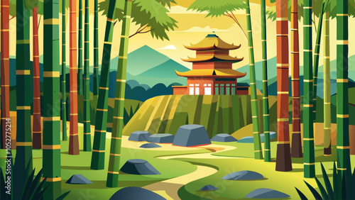 A peaceful bamboo forest with a traditional pavilion and winding path under a golden sky at sunset
