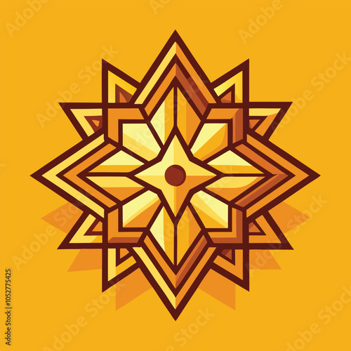 Geometric starburst pattern in gold and orange hues.