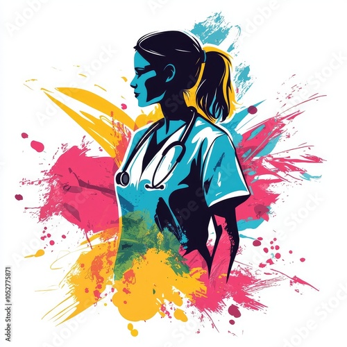 A female nurse in a blue medical uniform with a stethoscope around her neck, standing in front of a colorful abstract background.