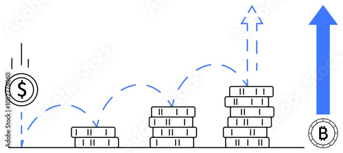 Coins stacking up from left to right with a dollar symbol diminishing and a Bitcoin symbol increasing. Ideal for financial growth, investments, cryptocurrency, digital transactions, market trends