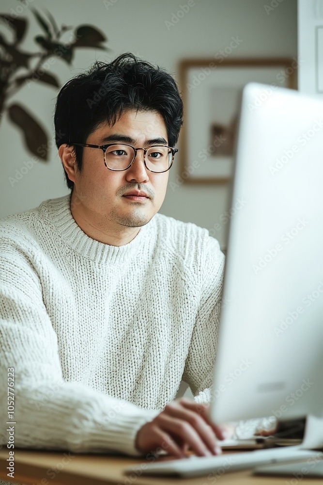 Asian man looking at the computer at home. Work from home.