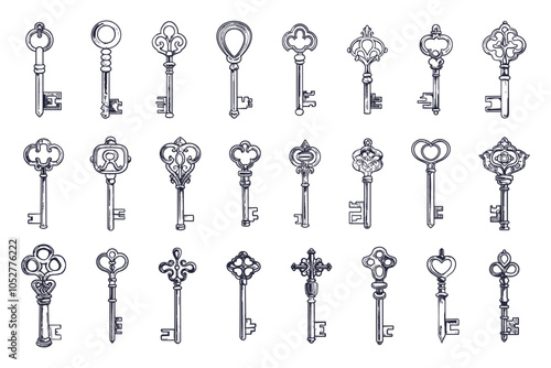 Vintage Keys Doodle Style Icons Set White Background Hand Drawn Antique Keys Collection Various Shapes Sizes Decorative Elements Artistic Illustration Old Fashioned Keys Ornate