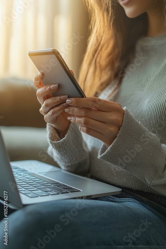 Cropped image of female holding smartphone getting message with confirmation making transaction on laptop computerwoman using mobile phone app for synchronizing data with netbook via bluetooth. photo