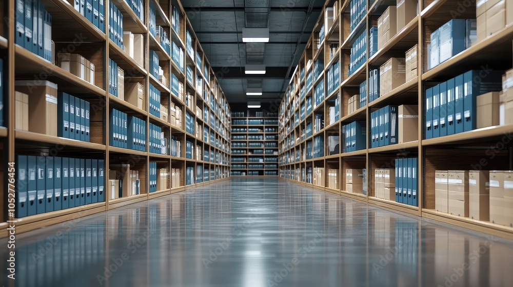 A long aisle in a warehouse with shelves full of boxes and files. A long aisle in a warehouse with shelves full of boxes and files.