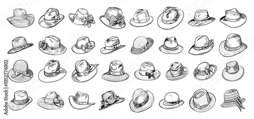 Vintage Summer Hats for Gentleman and Lady Doodle Style Collection Hand-drawn Sketches Including Fedora Panama Boater Sun Straw Wide-brimmed Cloche Bucket