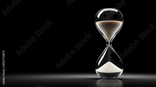 Fading hourglass on a clean grey table, the sand dissipating into nothingness. A haunting black background accentuates the fleeting moment