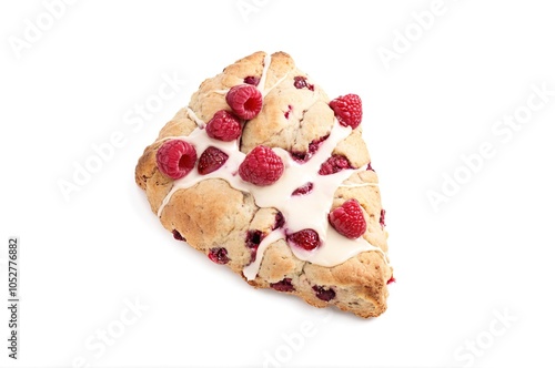 Freshly Baked Raspberry Scone with Creamy Vanilla Glaze on White Background