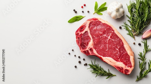 Flat lay composition of fresh marbled beef steaks, surrounded by herbs, garlic, and spices on a grey stone surface, space for text, minimal and appetizing photo