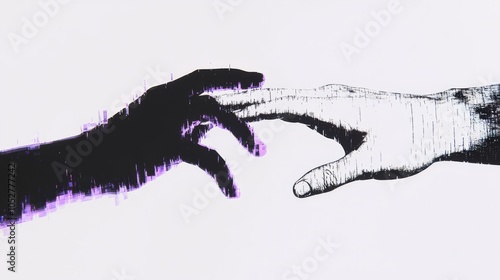 A hand coming out of the computer and reaching to touch a human hand. The concept of digital transformation, technological advances, artificial intelligence, and the new world.