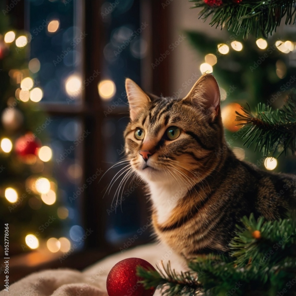 Um gato curioso com pelagem macia sentado ao lado de uma árvore de Natal decorada com enfeites vermelhos e dourados e luzes brilhantes. Um gato curioso com pelagem macia sentado ao lado de uma árvore de Natal decorada com enfeites vermelhos e dourados e luzes brilhantes.