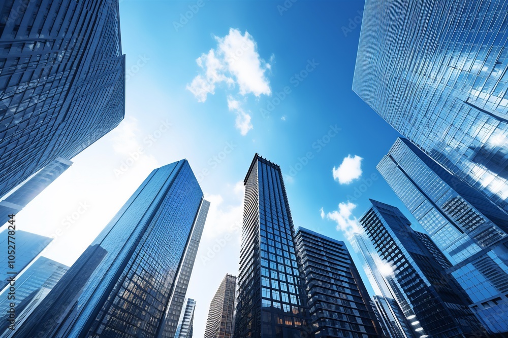 A view of tall skyscrapers against a bright blue sky. A view of tall skyscrapers against a bright blue sky.