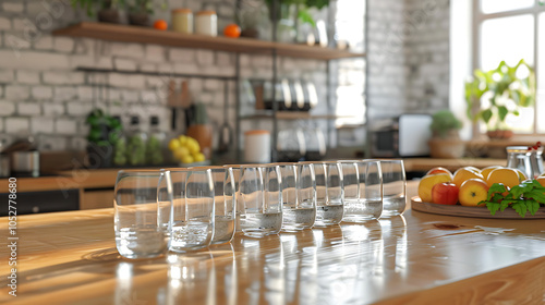 a row of nine clear glasses filled with varying levels of water, neatly arranged on a wooden kitchen countertop. The glasses reflect light, showcasing their transparency photo