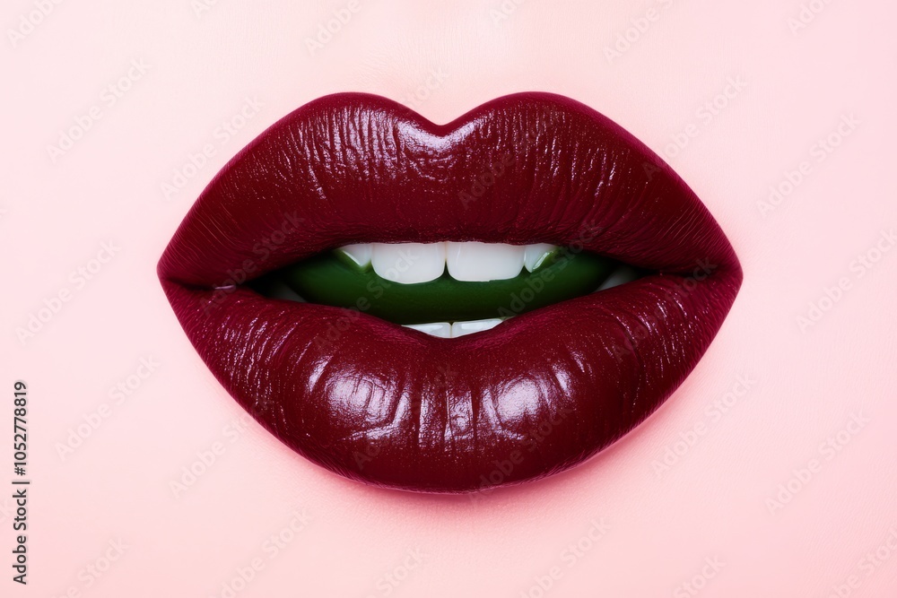 Obraz premium closeup of burgundy lips with lipstick dividing the mouth and tongue.