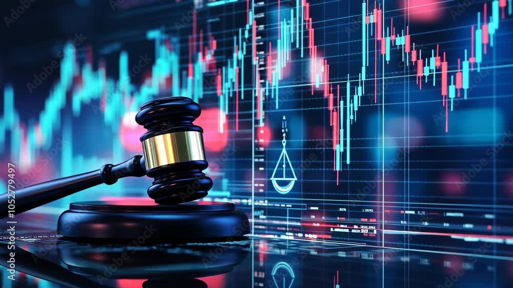 A gavel rests on a block in front of a stock market chart, suggesting legal implications in the financial world A gavel rests on a block in front of a stock market chart, suggesting legal implications in the financial world